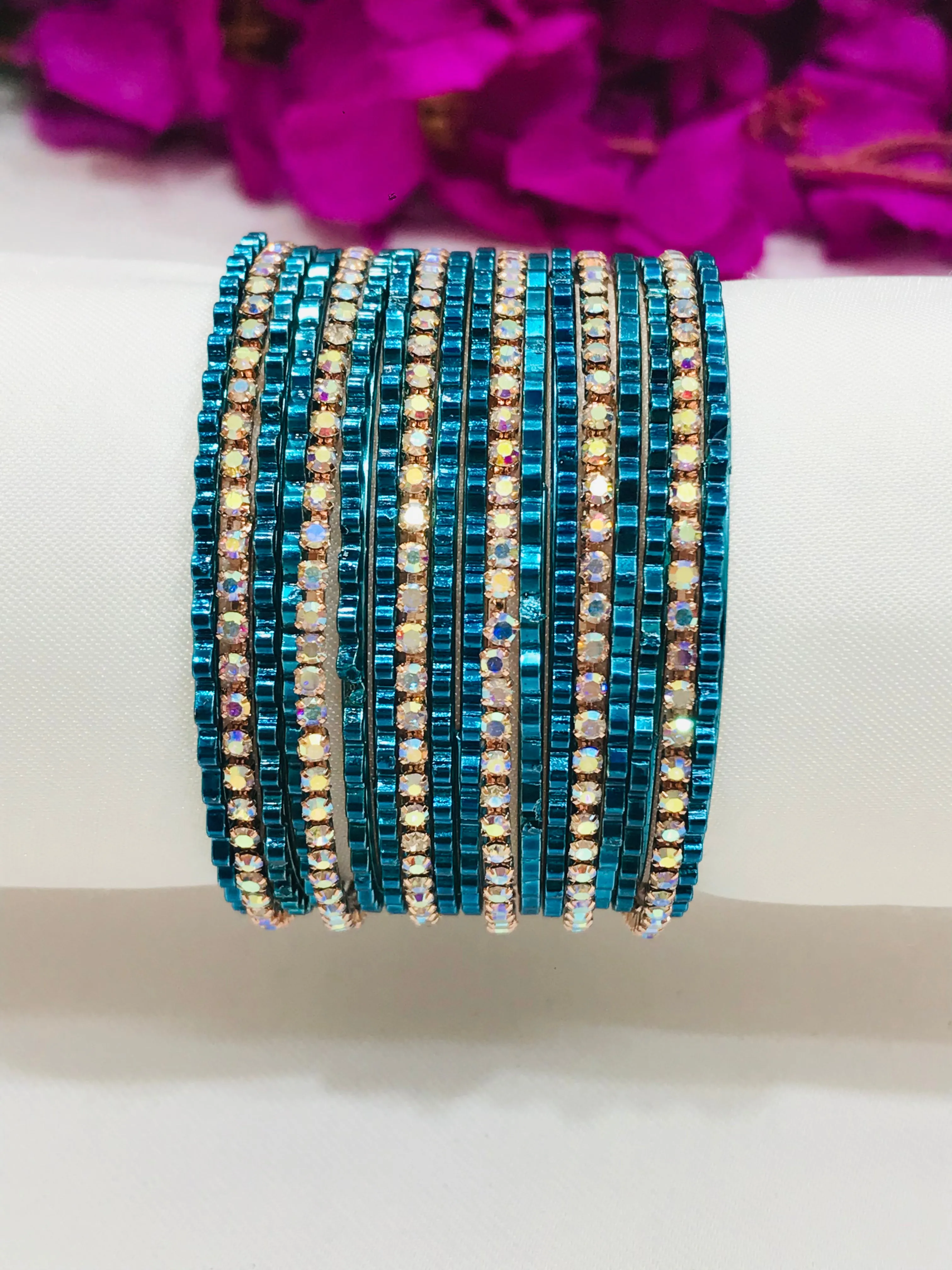 Alluring Blue Color Designer Metal Bangles Set With Stones For Girls