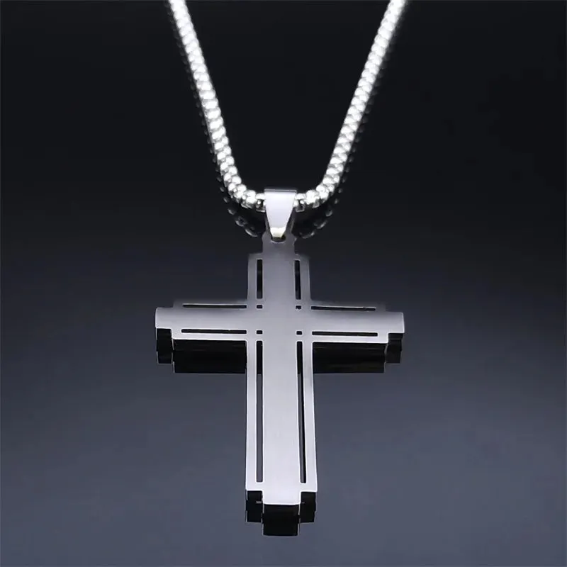 Catholic Cross Necklace Silver Color Stainless Steel Pendant Necklaces