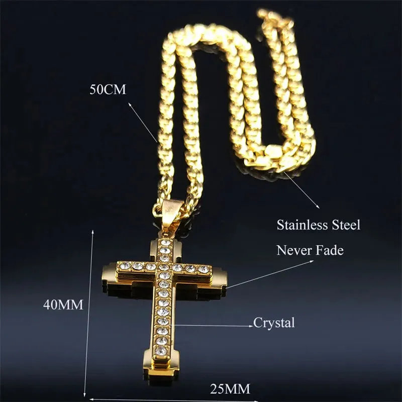 Christian Jesus Cross Religious Necklace Gold Color Stainless Steel Pendant Necklaces Men Chain