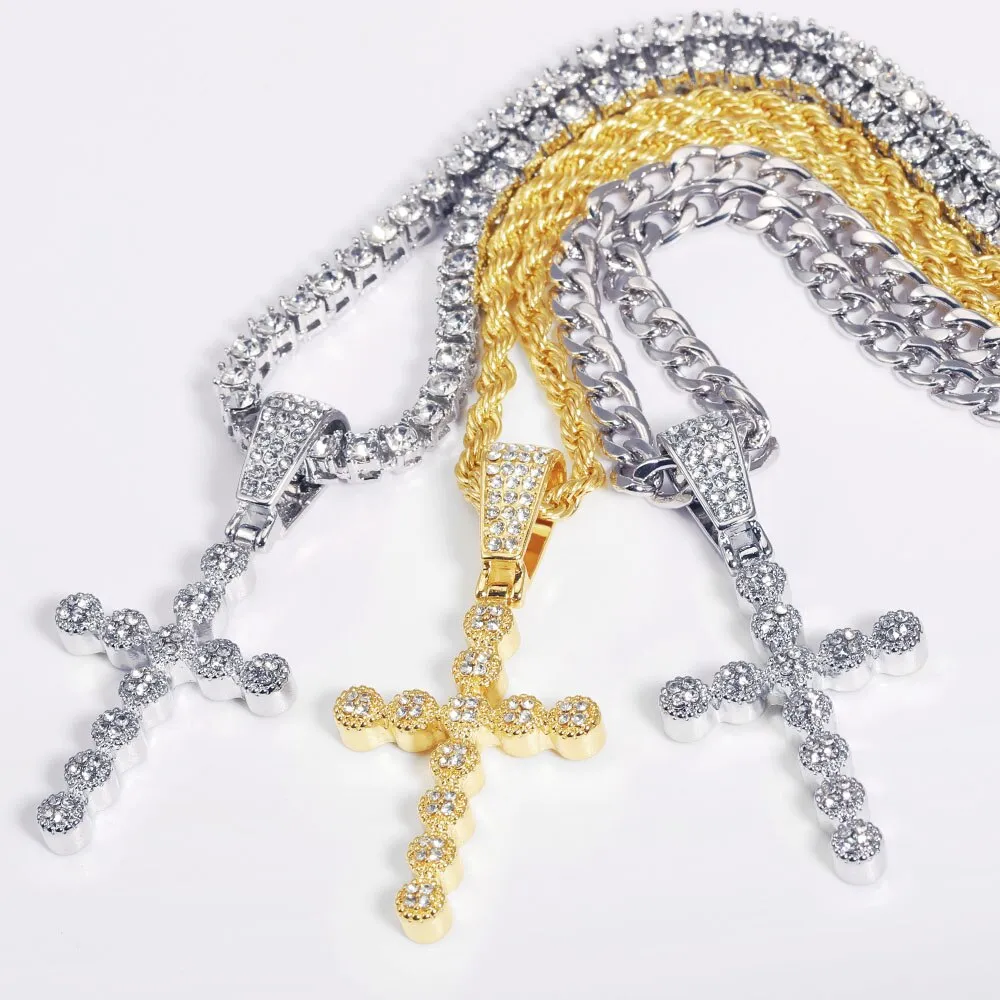 Crystal cross charm pendant 1 row tennis chain for women