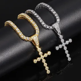 Crystal cross charm pendant 1 row tennis chain for women