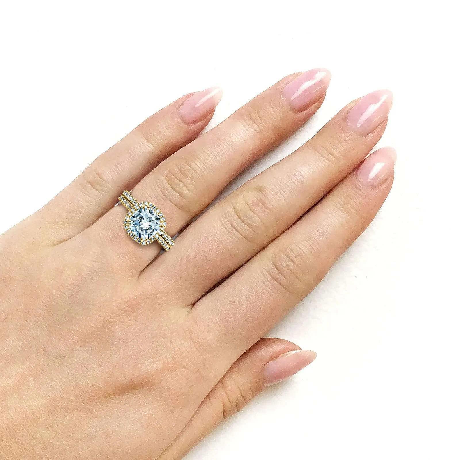 Cushion Brilliant Moissanite and Diamond Halo Bridal Wedding Rings Set 2 3/8 CTW 14k Yellow Gold