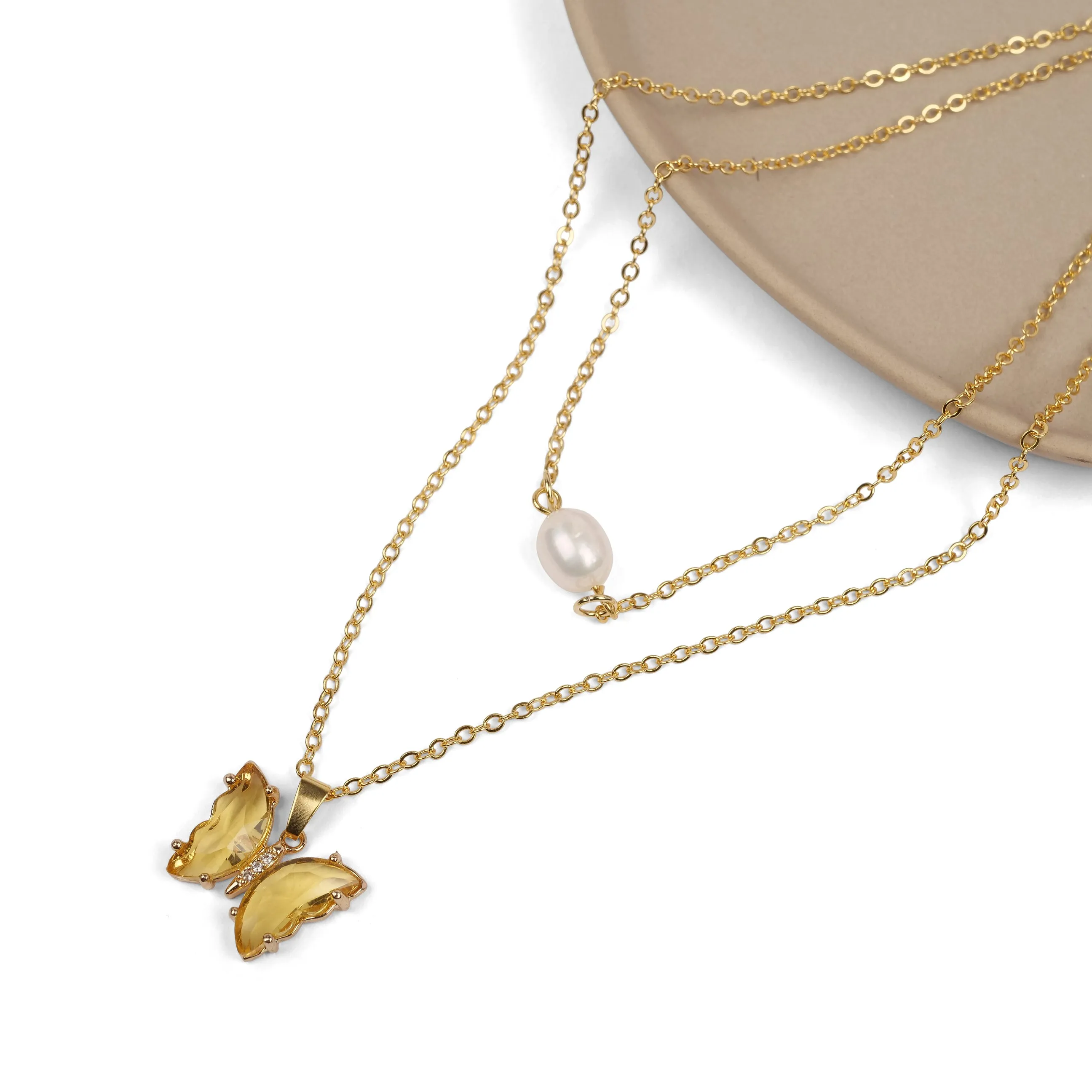 Double Chain Butterfly and Pearl Necklace