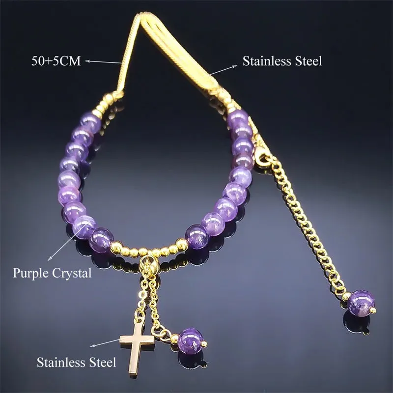 Fashion Cross Purple Crystal Choker Necklace Stainless Steel Tassel Necklace Jewelry collar