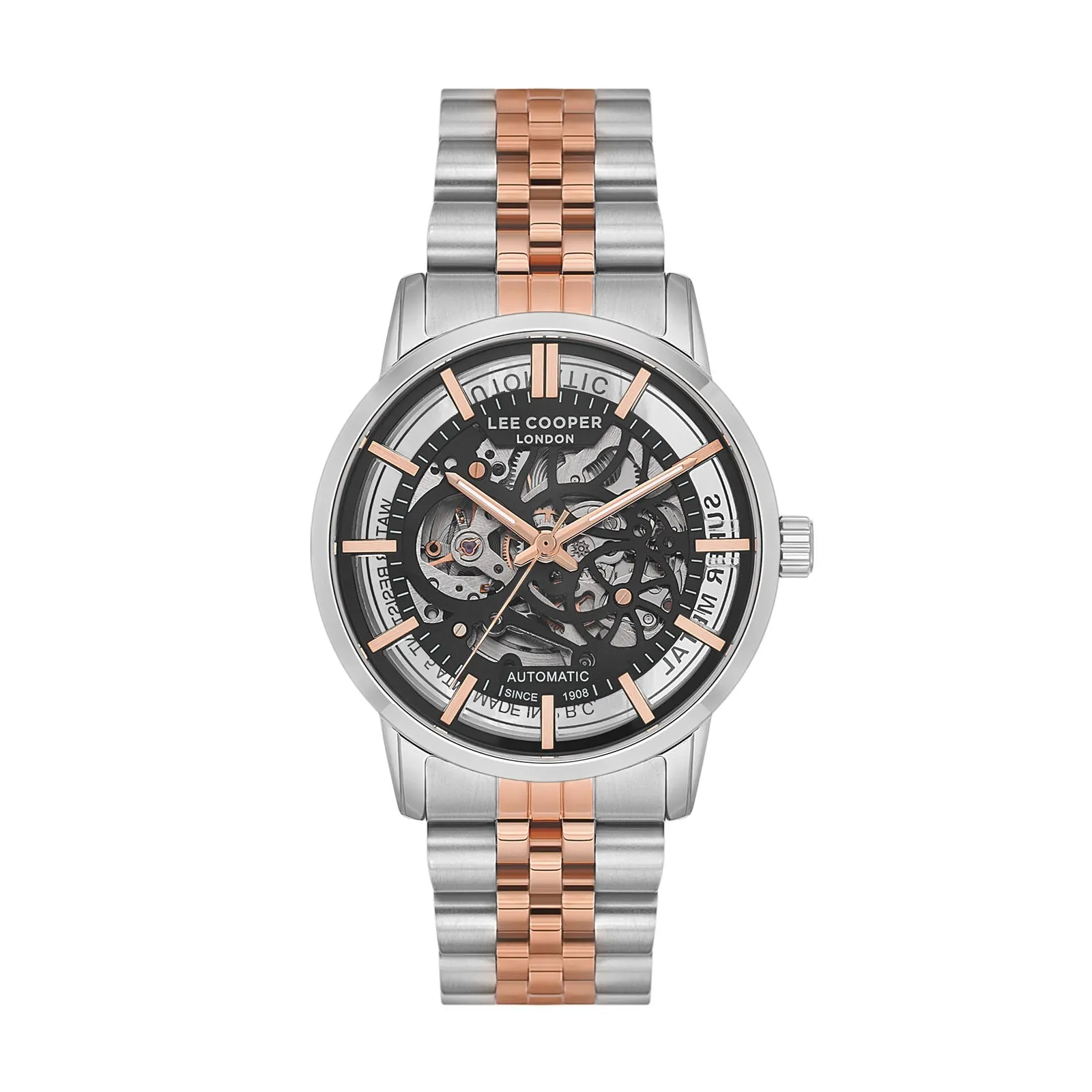 Lee Cooper Men's Automatic Watch Analog Black Dial with Silver /Rose Gold Stainless Steel Band, LC08036.530