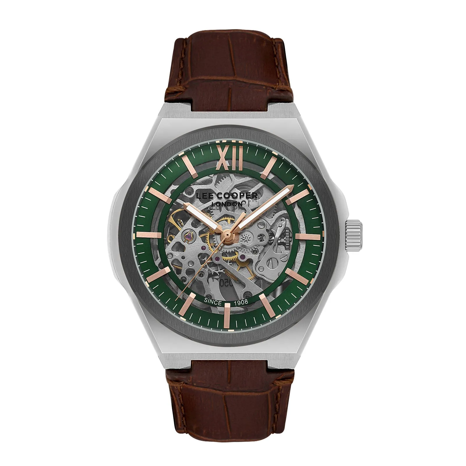 Lee Cooper Men's Automatic Watch Analog Green Dial with Brown Leather Strap, LC08050.354