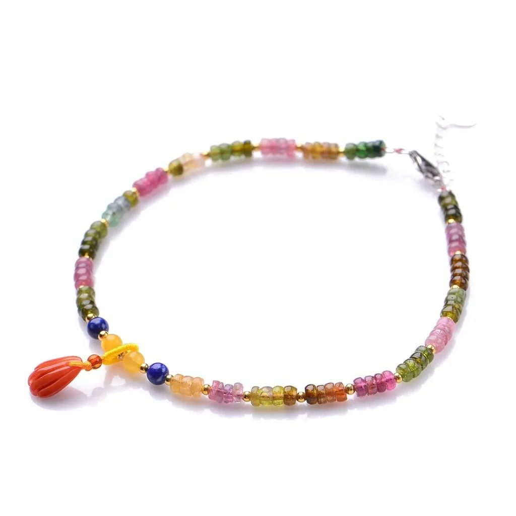 Rainbow Tourmaline Beaded S925 Anklet
