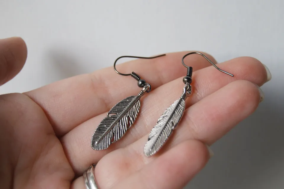 Silver Feather Earrings | Feather Charm Earrings