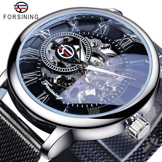Skeleton Luxury Mechanical Wristwatch | Forsining Transparent Case Fashion 3D Logo Engraving Men's Watch